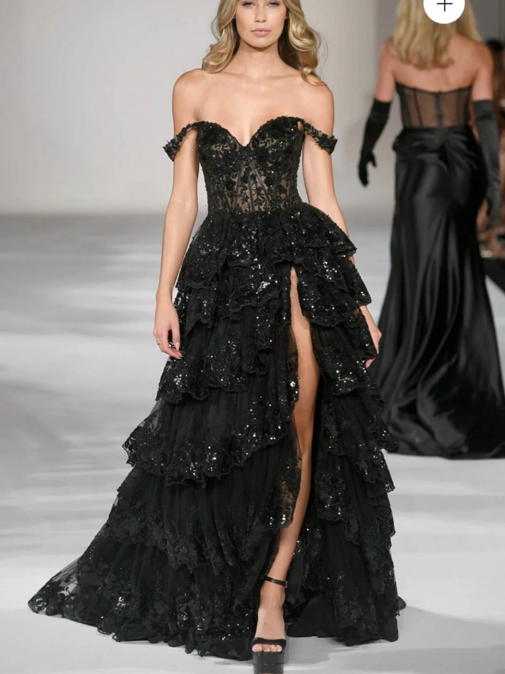 Sherri Hill Black Strapless Ruffled Sequin Evening Gown
